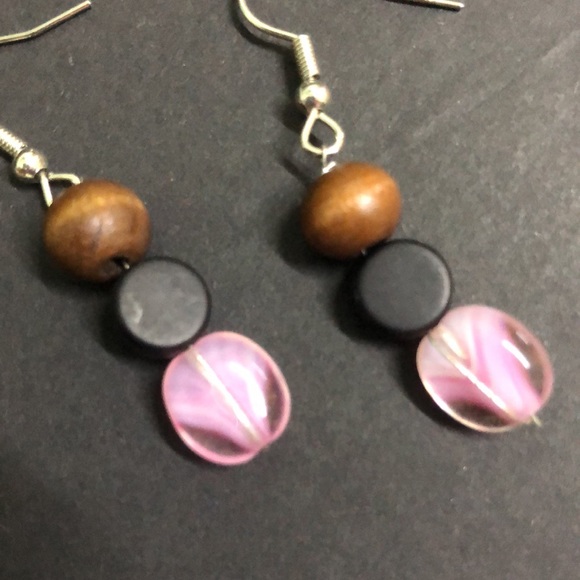 Handmade pink glass and wood bead earrings - Picture 2 of 3